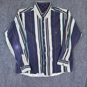 Members Only Club House Mens Large Striped Button Down Shirt Navy Green Vintage